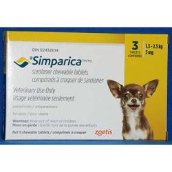Simparica 5 mg yellow chewable tablet for dogs 1.3–2.5 kg for flea and tick control
