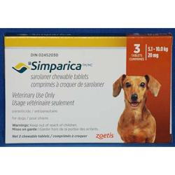 Simparica 20 mg chewable tablet for dogs 5.1–10 kg to help prevent fleas and ticks.