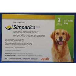 Simparica 80 mg chewable tablet for dogs 20.1–40 kg to help prevent fleas and ticks.